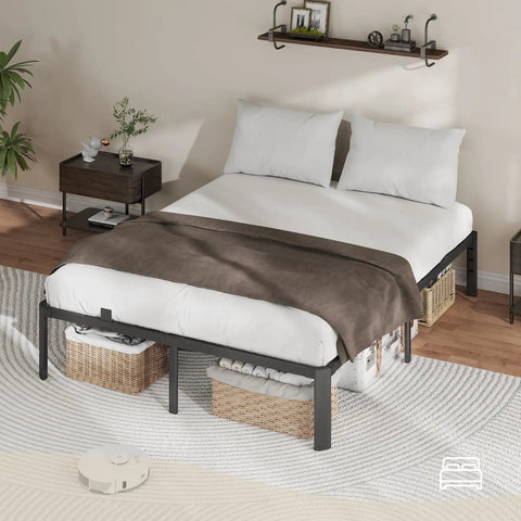 Dead Silent Metal King Size Bed Frame With Attached Headboard, 14 Inch Built Tough Steel Platform Base featuring a cozy bedding arrangement.