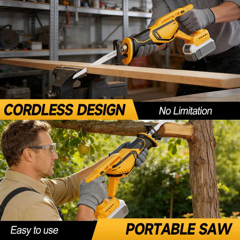 Person using Cordless Reciprocating Saw Bare Tool Compatible With 20V Max Batteries for cutting wood and branches, 8 blades included