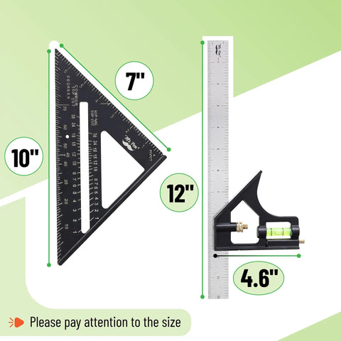 Rafter And Combination Square Tool Set For Woodworking, 7 Inch Rafter Square, 12 Inch Aluminum Carpenter Square with size markers