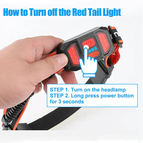 Hand operating Beast 1200 Lumen Head Lamp With 230 Degree Wide Beam For Cycling, Running And Hiking, red tail light control