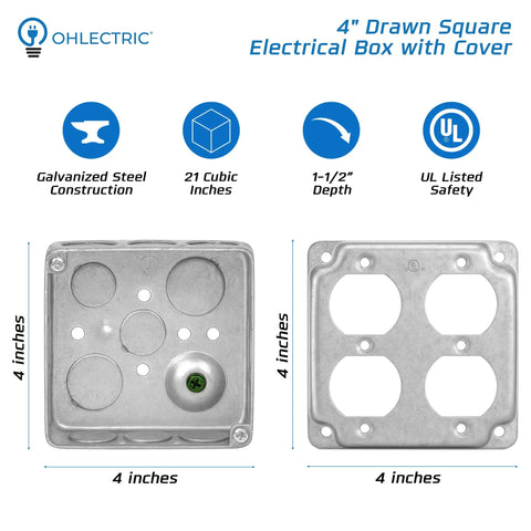 Heavy-Duty 4 By 4 Inch Electrical Junction Boxes With Covers Pack Of 10, One And A Half Inch Deep, 21 Cu In Capacity, Steel Outlet Box Bulk Pack Double Duplex Receptacle And Cover Plates UL Listed diagram