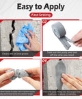 Moldable Silicone Putty Duct Sealant For Waterproof Gaps Non Hardening Multi Purpose Gap Filler For Metal Glass Wood Ceramic And Crafts Heat Resistant And Waterproof 1.5 Ft By 1 In Gray Pre Cut Strips shown in application steps on concrete wall.