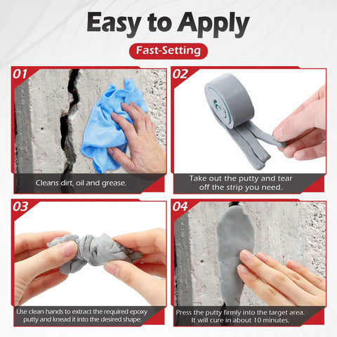 Moldable Silicone Putty Duct Sealant For Waterproof Gaps Non Hardening Multi Purpose Gap Filler For Metal Glass Wood Ceramic And Crafts Heat Resistant And Waterproof 1.5 Ft By 1 In Gray Pre Cut Strips shown in application steps on concrete wall.