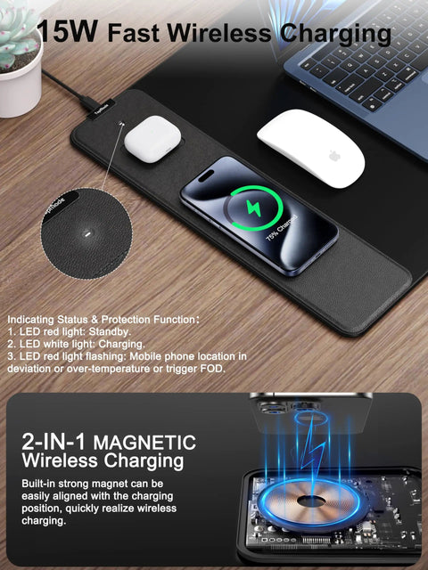 Mega Sized XXL 31.5 Inch By 15.75 Inch Wireless Charging Desk Pad With 15W Fast Charge Waterproof Ultra Smooth Surface Non Slip Base 3 In 1 Mouse Pad shown with phone charging and AirPods on desk mat