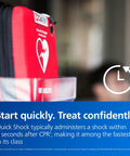 Front view of Philips HeartStart Home AED defibrillator in a red carrying case with training pads cartridge