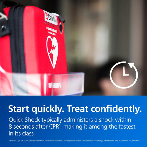 Front view of Philips HeartStart Home AED defibrillator in a red carrying case with training pads cartridge