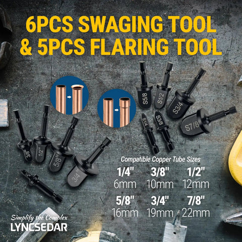 DIY Copper Pipe Swaging And Flaring Tool Set For Electric Drill with 6 swaging and 5 flaring pieces, sizes 1/4 to 7/8 inch.