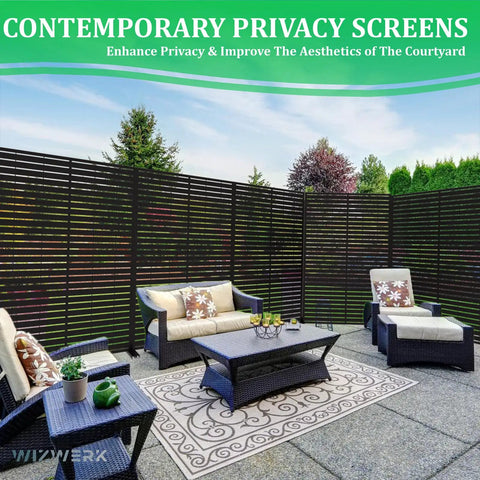 Six Foot Outdoor Metal Privacy Screen Freestanding Privacy Fence Room Divider for Patio Garden Balcony with chairs