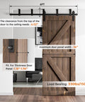 Heavy Duty Ceiling Mount Sliding Barn Door Hardware Kit For Single Door Black Finish Ceiling Track System Fits Door Thickness 1.18 To 1.96 Inches 84 Inch Wide Door J Shape Hanger Supports Up To 330 Lbs shown installed