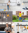 2 Pack Broom Holder Wall Mount with 4 Racks and 5 Hooks Mop Organizer for Home Kitchen Garden and Garage, in use.