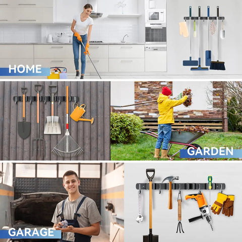2 Pack Broom Holder Wall Mount with 4 Racks and 5 Hooks Mop Organizer for Home Kitchen Garden and Garage, in use.