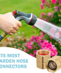 Heavy Duty Brass Garden Hose Adapter Female To Female Three Quarter Inch Dual Swivel Connectors shown with hose and flowers