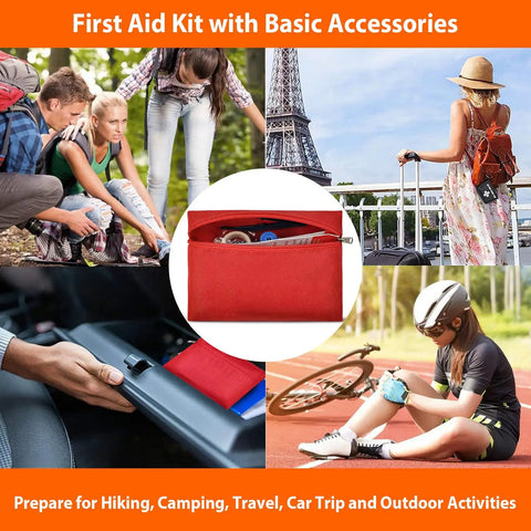 First aid kit and accessories for Grab And Go All In One Car Emergency Kit With Air Compressor, outdoors usage visible