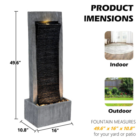 7-Tier Rock Water Fountain With Lights For Outdoor Garden Decor in a vertical stone design, ideal for patio or indoor use.
