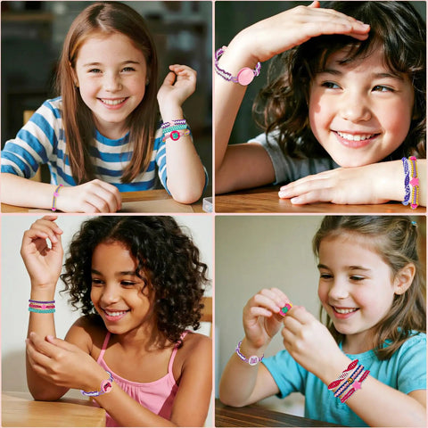 Girls aged 8 to 12 making bracelets with All In One Friendship Bracelet Kit For Girls Ages 8 To 12 With 3 Layer Storage Box Includes 26 String Bundles 32 Beads 25 Buttons 30 Pins Sticker Sheets Non Slip Pads And Easy Step By Step Guide