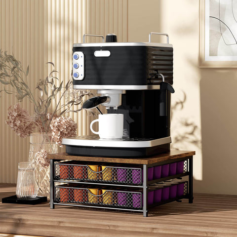 Two Tier K Cup Drawer Organizer For Coffee Pods With 72 Cup Capacity Space Saving Drawer Baskets Sturdy Stackable Coffee Capsule Storage Drawer In Industrial Brown And Black Finish with coffee maker on top
