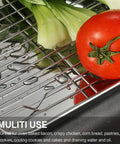 9 Piece Stainless Steel Baking Set With Cooling Racks And Silicone Mats showcasing cooling rack with vegetables and water droplets