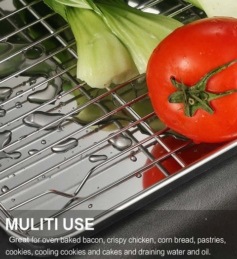 9 Piece Stainless Steel Baking Set With Cooling Racks And Silicone Mats showcasing cooling rack with vegetables and water droplets