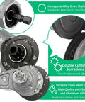Diagram of Beefy Heavy Duty Metal Sheet Cutter Drill Attachment with serrated wheel, hexagonal alloy drive shafts, and silver spray layer.