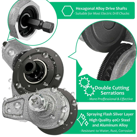 Diagram of Beefy Heavy Duty Metal Sheet Cutter Drill Attachment with serrated wheel, hexagonal alloy drive shafts, and silver spray layer.