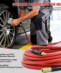 Heavy Duty Hybrid Air Hose 3/8 Inch By 25 Feet Lightweight Kink Off Air Compressor Hose being used with an impact wrench on a tire.