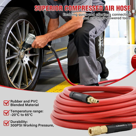 Heavy Duty Hybrid Air Hose 3/8 Inch By 25 Feet Lightweight Kink Off Air Compressor Hose being used with an impact wrench on a tire.