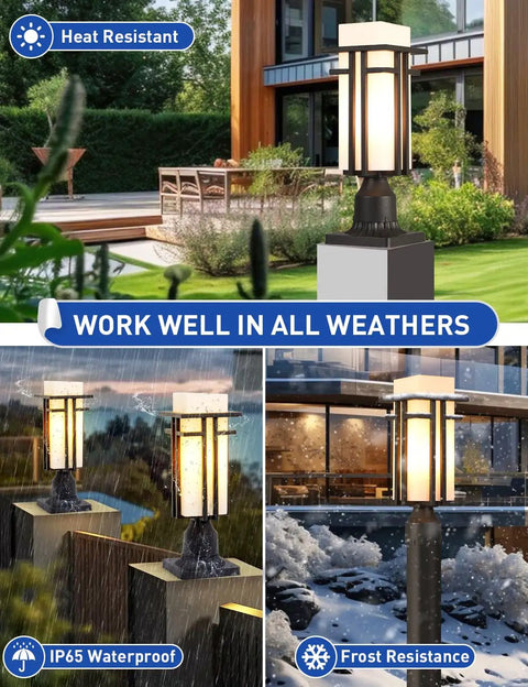 Weatherproof Outdoor Post Lights With Metal Frame And Milk White Frosted Glass Pier Mount, 3 Inch Base in garden setting.