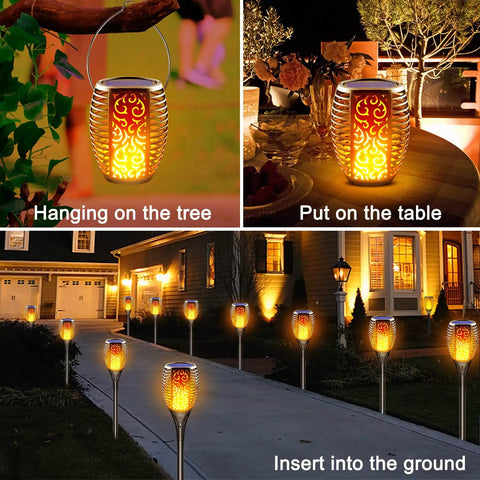 Sun Powered Solar Torch Lights Outdoor Flickering Flame 3 In 1 Detachable Hanging Lanterns No Wiring Auto On Off IP65 Waterproof Tiki Torches For Garden Path Patio Yard Decor 6 Pack shown hanging, on table, and inserted in ground