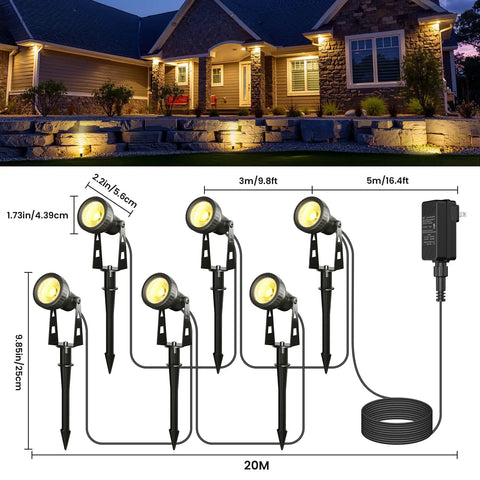 Outdoor Landscape Lighting Kit Six Pack With Transformer Plug In LED Spot Lights illuminating house facade and pathway