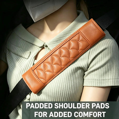 Chevrolet Volt Bolt EV Seat Belt Cover Pad For Off Road Blazer EV EUV Cushioned Neck Comfort Slashes Friction Keeps Your Clothes Safe Easy Install Perfect Weekend Adventure Gear, brown leather seat belt pad on shoulder