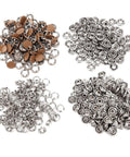 All-in-One DIY-Friendly 100-Piece Brass Snap Fasteners Kit Gold Tone for Crafting, Sewing and Leather Work, Rustproof and Durable with Hollow and Solid Snaps, Equal Male and Female Pieces, Easy Install brass snap fastener parts, top view