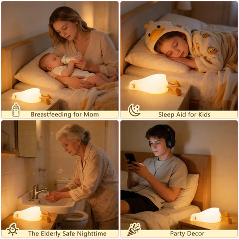 Collage of a Squishy Silicone Rubber Duck Night Light; breastfeeding, kids' sleep, elder care, and party mood settings.