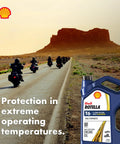Full Synthetic 15W-40 Diesel Engine Oil 1 Gallon Three Pack With Triple Protection Plus bottle with motorcycles and desert road scene.