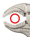 Close-up of metal curved jaw from Locking Pliers And Clamps Set 18 Piece Heavy Duty Tool Kit With 6 Inch 11 Inch And 18 Inch C Clamps.