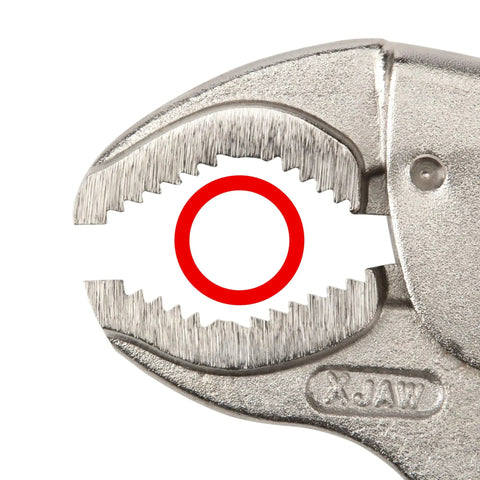 Close-up of metal curved jaw from Locking Pliers And Clamps Set 18 Piece Heavy Duty Tool Kit With 6 Inch 11 Inch And 18 Inch C Clamps.