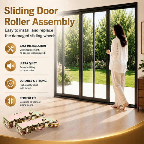 Two Pack One And One Eighth Inch Sliding Door Rollers Replacement Kit With Steel Ball Bearing Tandem Wheels For Glass Patio Doors Heavy Duty Roller Assembly shown on glass patio door