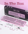 In the box of Pink Retro Mechanical Gaming Keyboard Boss Level Design Featuring Classic Typewriter Layout and Solid Steel Chassis.