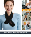 Woman wearing Portable Heated Neck Massager Wrap With 3 Heat Levels And 3 Vibration Modes Rechargeable Soft Neck Pad for relaxation