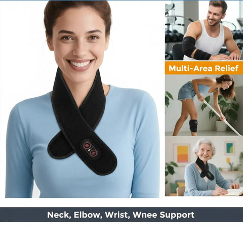 Woman wearing Portable Heated Neck Massager Wrap With 3 Heat Levels And 3 Vibration Modes Rechargeable Soft Neck Pad for relaxation