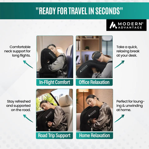 Inflatable Travel Pillow For Airplanes With Adjustable Bottom Support And Chin Lift, Real Neck Pain Relief For Flights, Naps At The Office, Includes Eye Mask And Earplugs, Ideal For Long Hauls; multiple images of people using the pillow in different settings, like office and home.