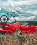 Suction Cup Car Roof Bike Rack With Quick Release on red car. Aluminum Alloy Bike Carrier For One Bike, flat roof setup.