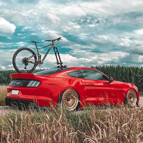 Suction Cup Car Roof Bike Rack With Quick Release on red car. Aluminum Alloy Bike Carrier For One Bike, flat roof setup.