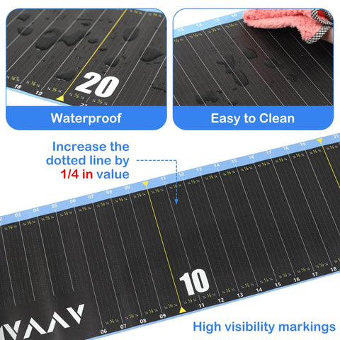 Close-up of 53 Inch Fish Ruler With One Quarter Inch Increments, Waterproof Fishing Tape And Bump Board, showing markings and waterproof feature.
