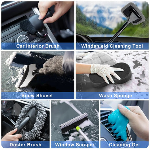 Pro Grade 42 Piece Car Wash Kit With Foam Gun Sprayer showing various cleaning tools like a brush, sponge, and scraper for detailing.
