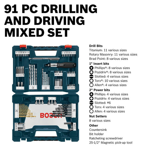 91 Piece Drilling And Driving Set With Case For Wood Metal And Masonry Versatile Drill Bits And Driver Bits Kit With Screw Head Protecting Design And Included Case For Home And Professional Projects
