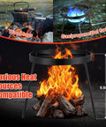 Beefy Campfire Tripod For Cooking Heavy Duty Outdoor Fire Pit with wood logs and gas setup, 9.8-inch height, cast iron