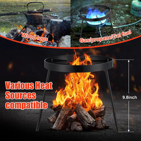 Beefy Campfire Tripod For Cooking Heavy Duty Outdoor Fire Pit with wood logs and gas setup, 9.8-inch height, cast iron