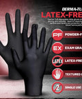 Heavy Duty Six Mil Nitrile Disposable Gloves XL Size One Hundred Count Box Powder Free Latex Free featuring textured grip hands