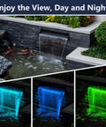 Pond Waterfall Kit With LED Lights And All In One Stainless Steel Spillway, 660 GPH Pump, fountain in garden setting with changing LED colors.