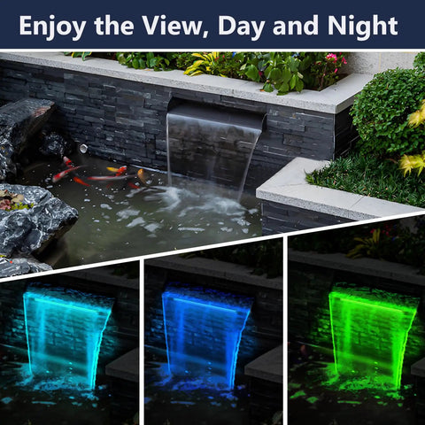 Pond Waterfall Kit With LED Lights And All In One Stainless Steel Spillway, 660 GPH Pump, fountain in garden setting with changing LED colors.